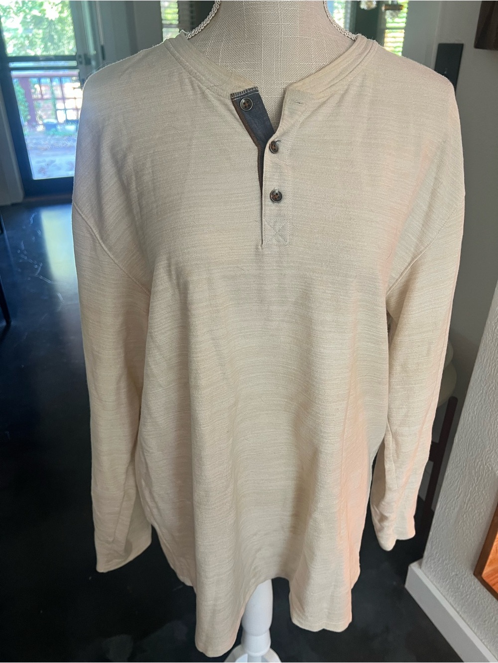 Men's Long Sleeve Henley in Cream with Button Placket